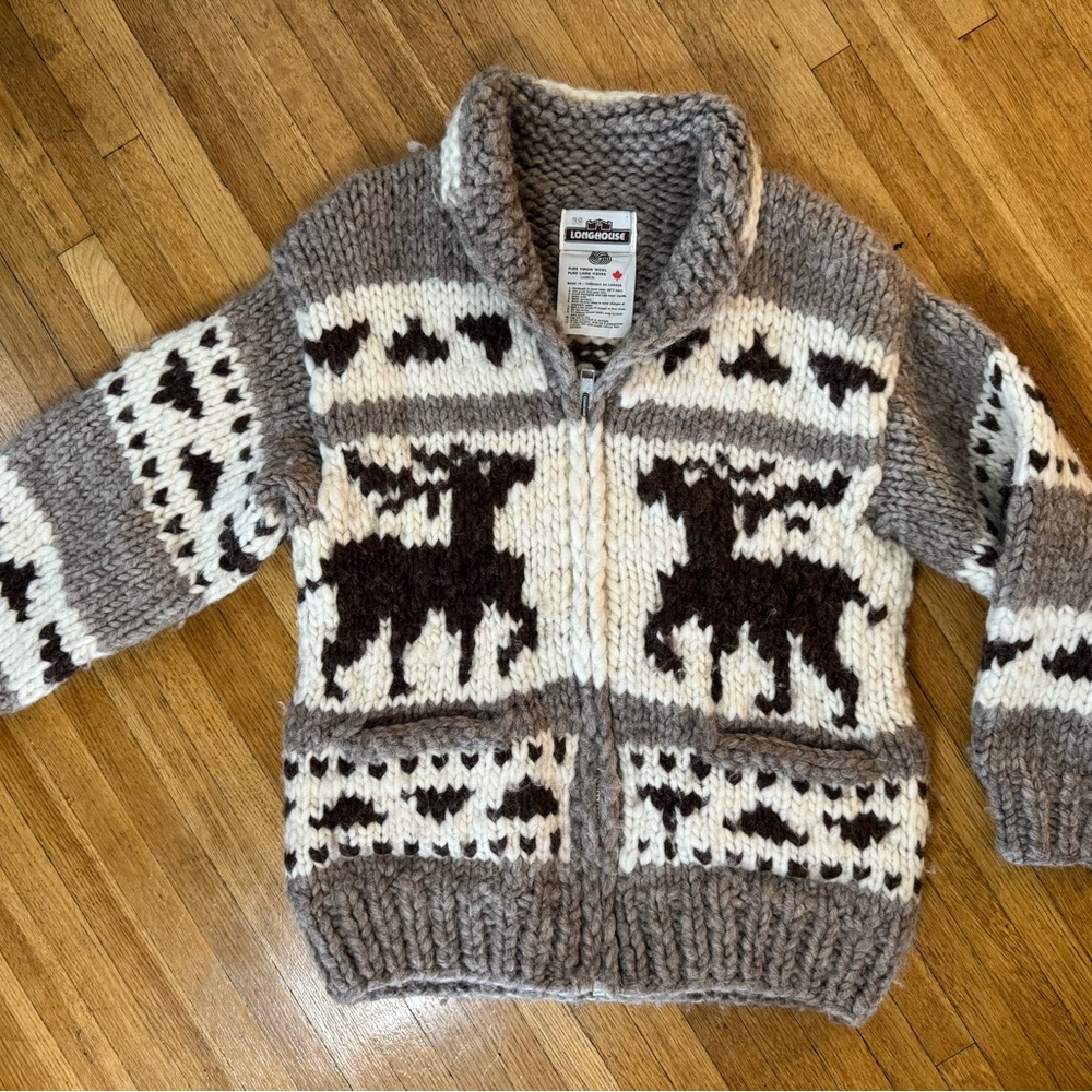 Cowichan Unisex Longhorn Hand Knit Zip- up Cardigan Sweater - Deer Stag